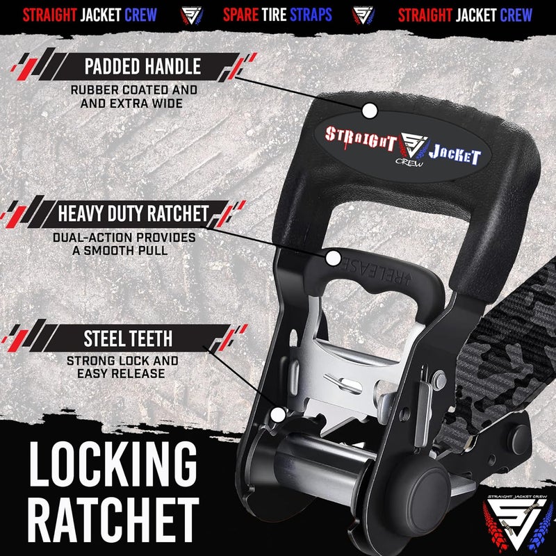 Straight Jacket Crew Y Strap for Spare Tire - Heavy Duty Spare Tire Strap for UTV, Offroad Accessories & Roof Rack, 3 Way Ratchet Strap Tie Down- 1.6" Wide, Can Secure Up to 40" Tire by (Black Camo) - Image 2